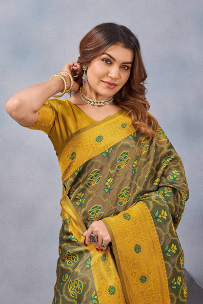 Divine International Trading Co Green Mustard Soft Silk Blend Banarasi Jacuard Work Designer Party Wear Saree With Unstitched Blouse Piece