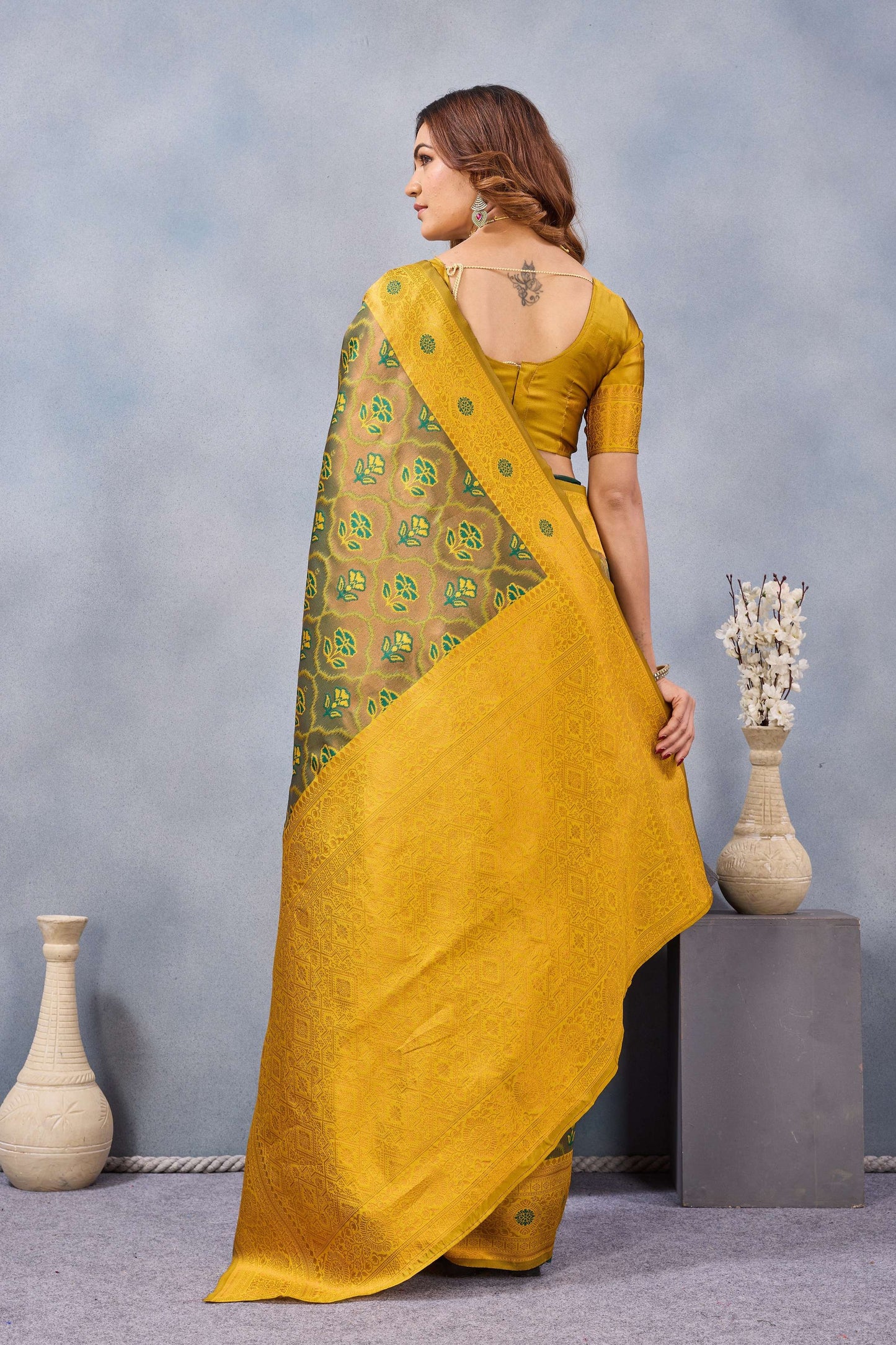Divine International Trading Co Green Mustard Soft Silk Blend Banarasi Jacuard Work Designer Party Wear Saree With Unstitched Blouse Piece