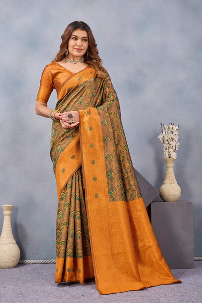 Divine International Trading Co Green Orange Soft Silk Blend Banarasi Jacuard Work Designer Party Wear Saree With Unstitched Blouse Piece