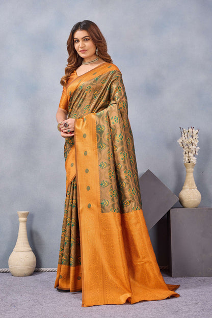 Divine International Trading Co Green Orange Soft Silk Blend Banarasi Jacuard Work Designer Party Wear Saree With Unstitched Blouse Piece