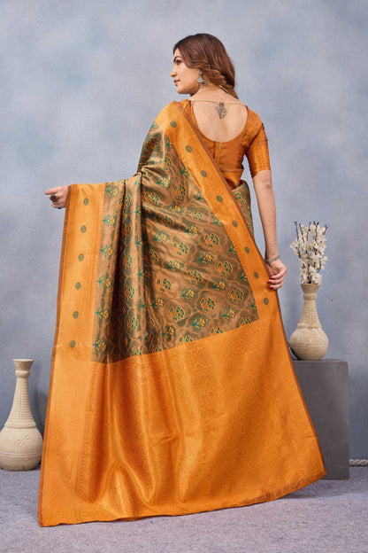 Divine International Trading Co Green Orange Soft Silk Blend Banarasi Jacuard Work Designer Party Wear Saree With Unstitched Blouse Piece