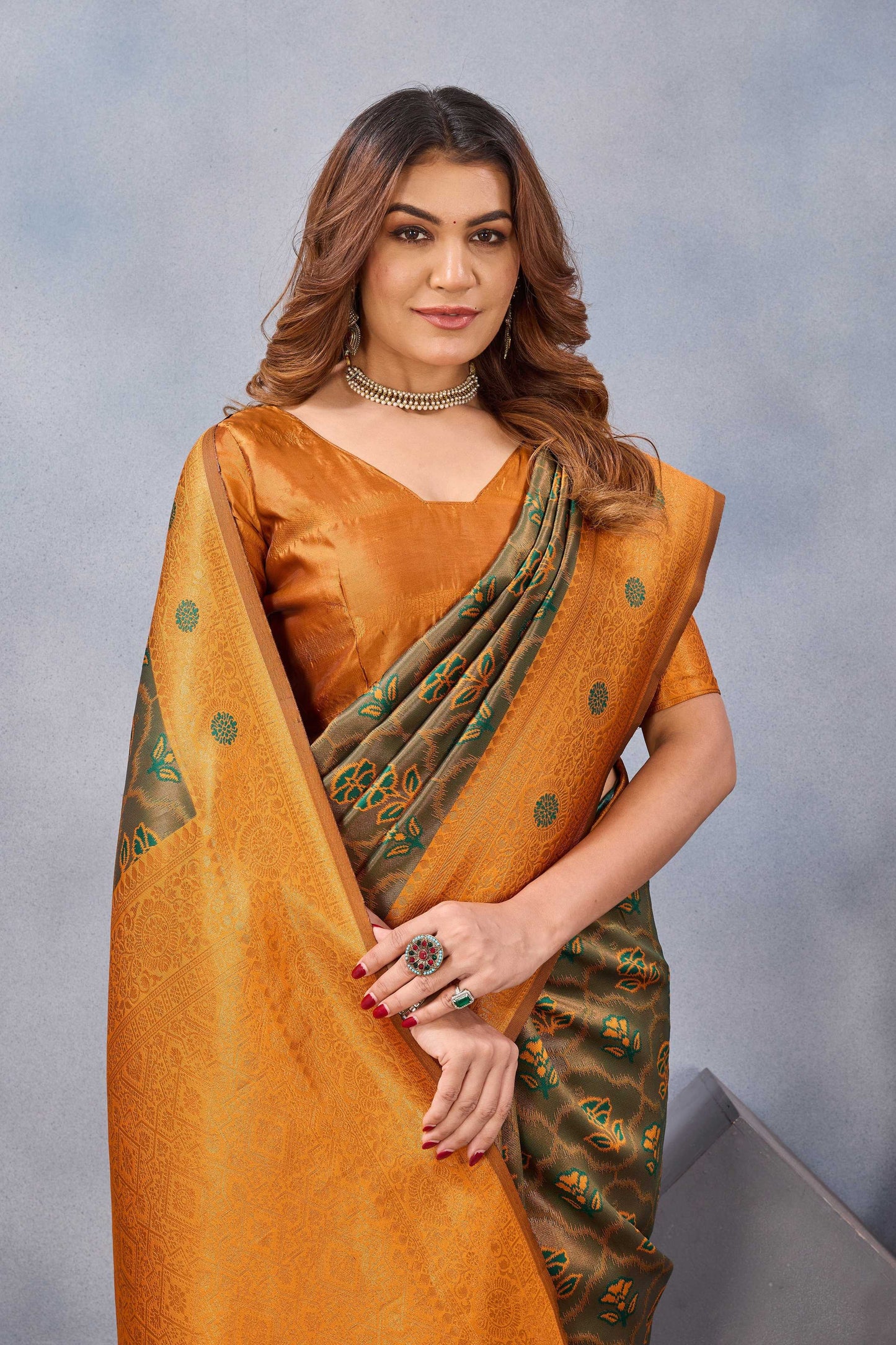 Divine International Trading Co Green Orange Soft Silk Blend Banarasi Jacuard Work Designer Party Wear Saree With Unstitched Blouse Piece
