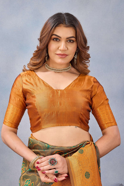 Divine International Trading Co Green Orange Soft Silk Blend Banarasi Jacuard Work Designer Party Wear Saree With Unstitched Blouse Piece
