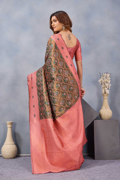 Divine International Trading Co Green Pink Soft Silk Blend Banarasi Jacuard Work Designer Party Wear Saree With Unstitched Blouse Piece