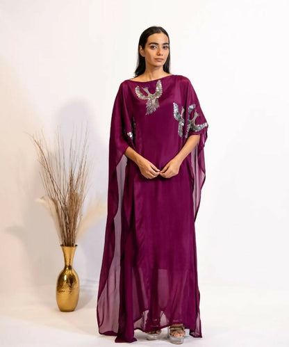 Timaraa Plum Hand Embellished Bird Kaftan Dress