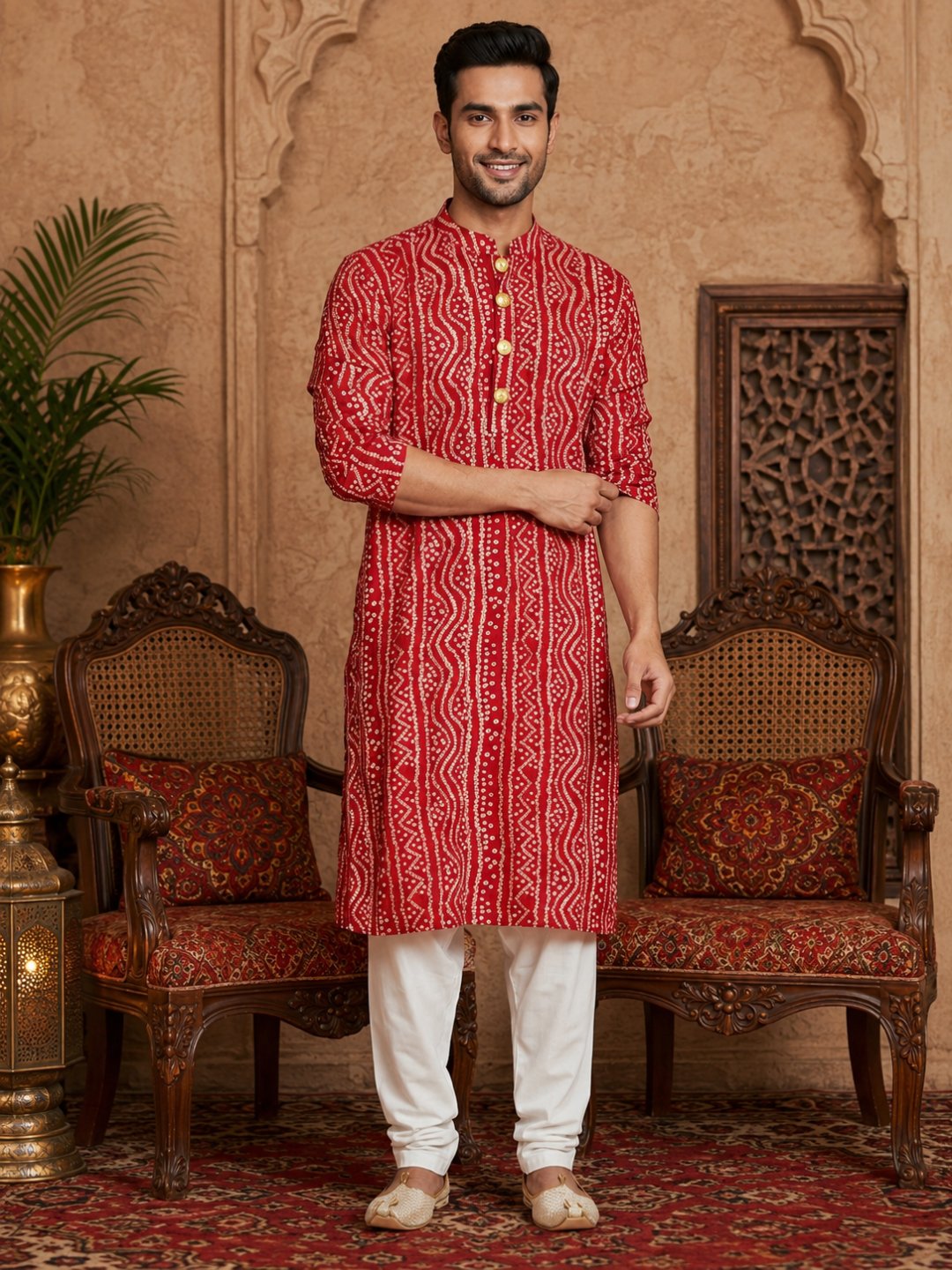 MULTI SHADES Men's Red Rayon Kurta Set