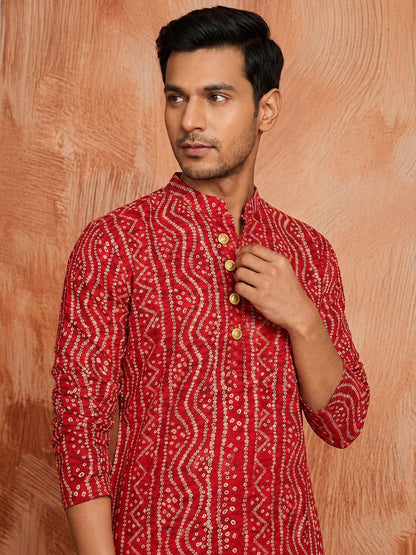 MULTI SHADES Men's Red Rayon Kurta Set