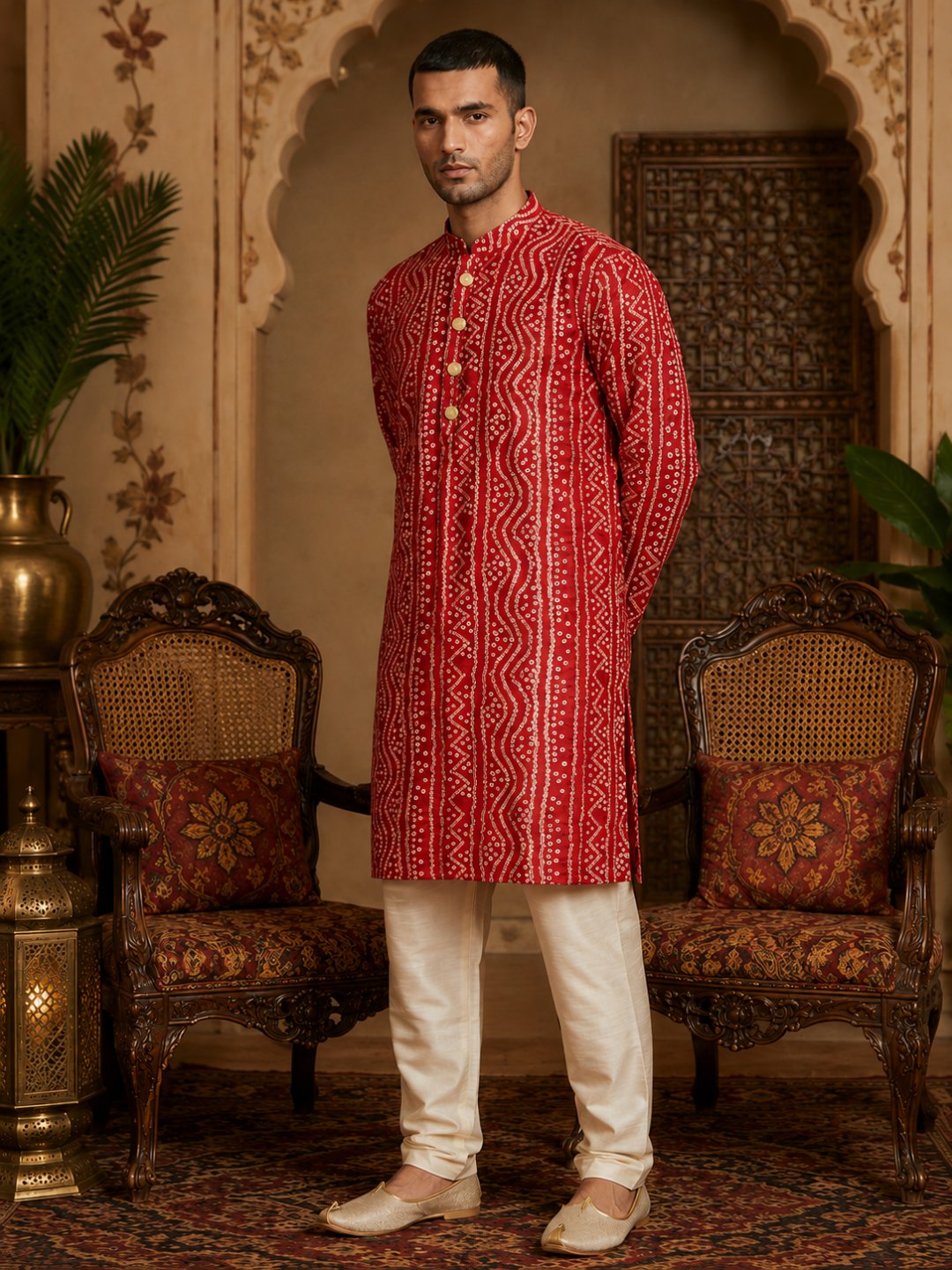 MULTI SHADES Men's Red Rayon Kurta Set