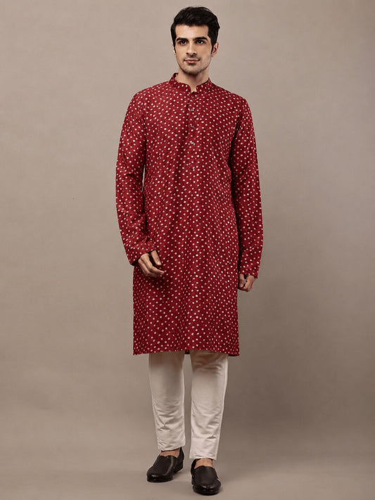 MULTI SHADES Mens Red Printed Kurta with Cream Pyjama & All-Over Ethnic Motifs Set With Cream Pyjama