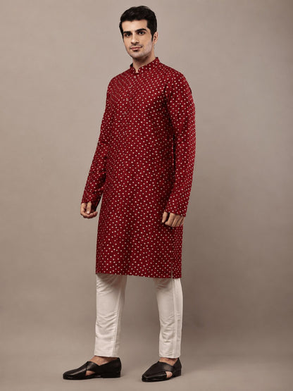 MULTI SHADES Mens Red Printed Ethnic Kurta