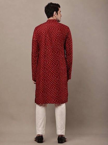 MULTI SHADES Mens Red Printed Kurta with Cream Pyjama & All-Over Ethnic Motifs Set With Cream Pyjama