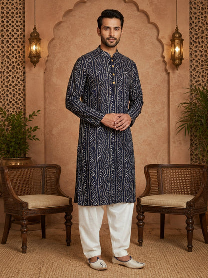 MULTI SHADES Men's Navy Blue Rayon Kurta Set