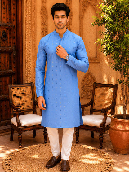 MULTI SHADES Sky Blue Ethnic Printed Kurta with Cream Churidar Set