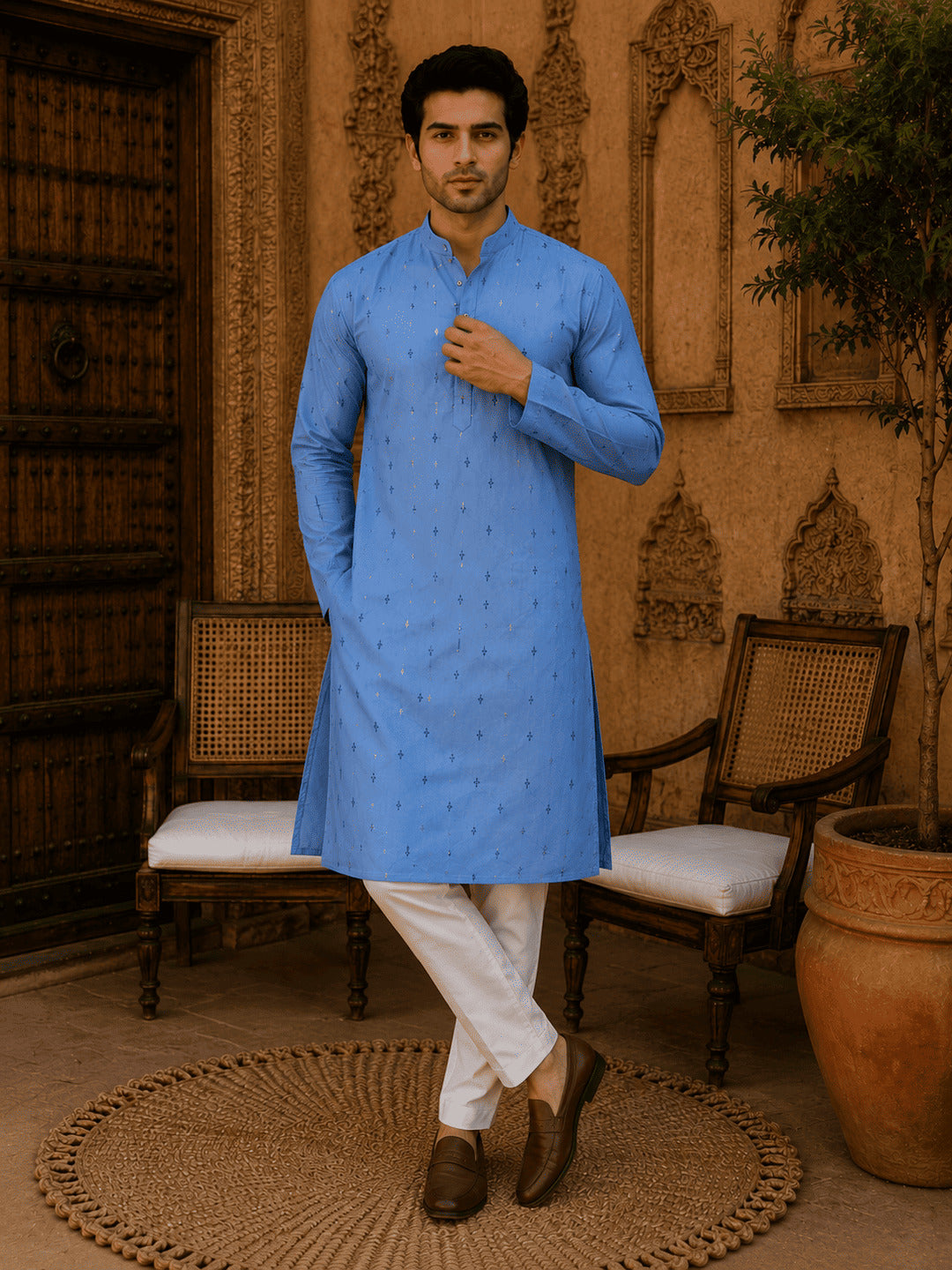MULTI SHADES Sky Blue Ethnic Printed Kurta with Cream Churidar Set