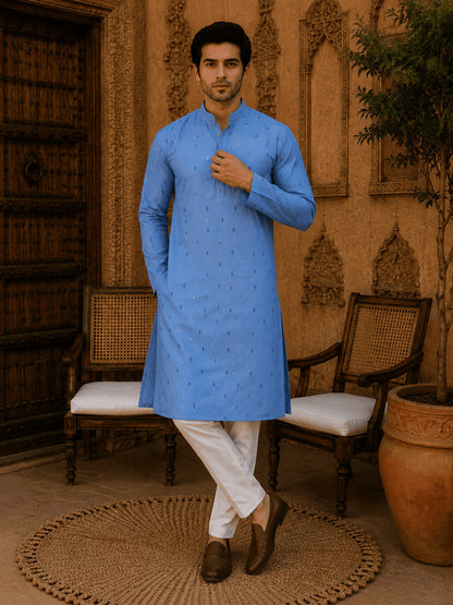 MULTI SHADES Sky Blue Ethnic Printed Kurta with Cream Churidar Set
