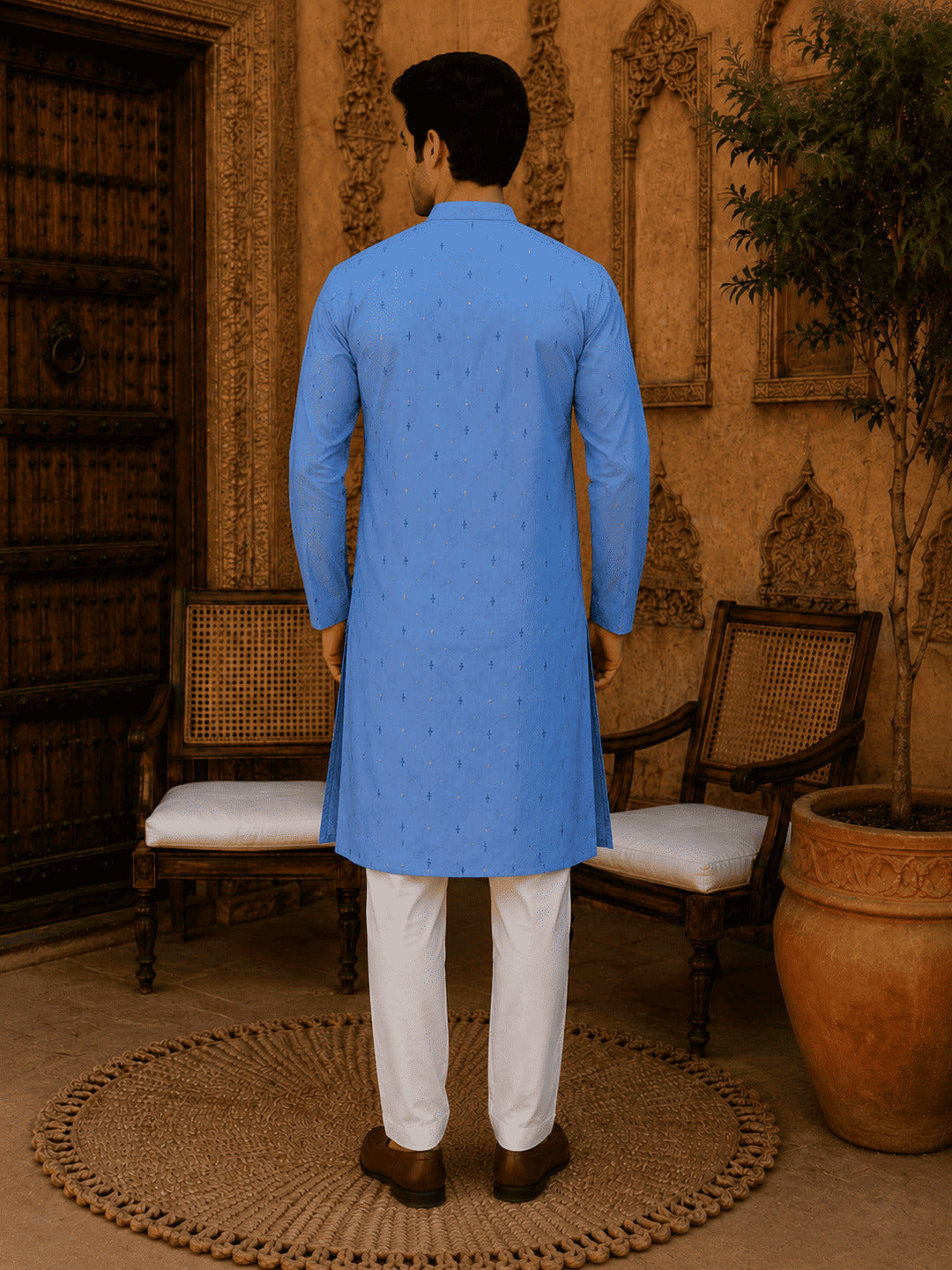 MULTI SHADES Sky Blue Ethnic Printed Kurta with Cream Churidar Set