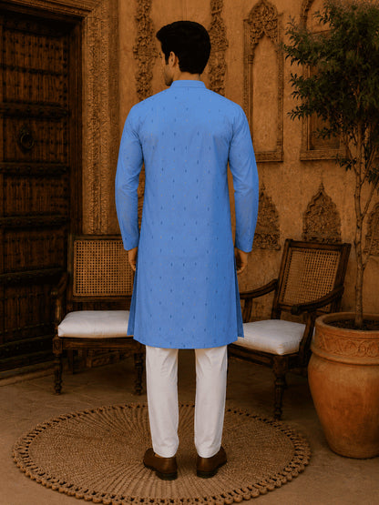 MULTI SHADES Sky Blue Ethnic Printed Kurta with Cream Churidar Set