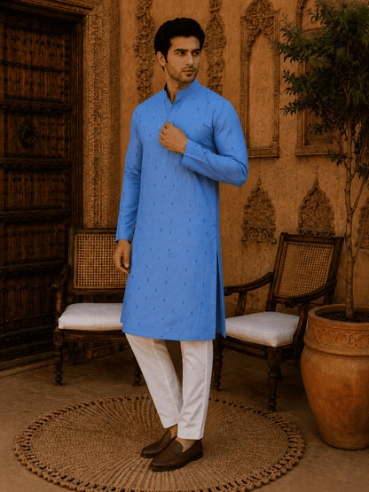 MULTI SHADES Sky Blue Ethnic Printed Kurta with Cream Churidar Set
