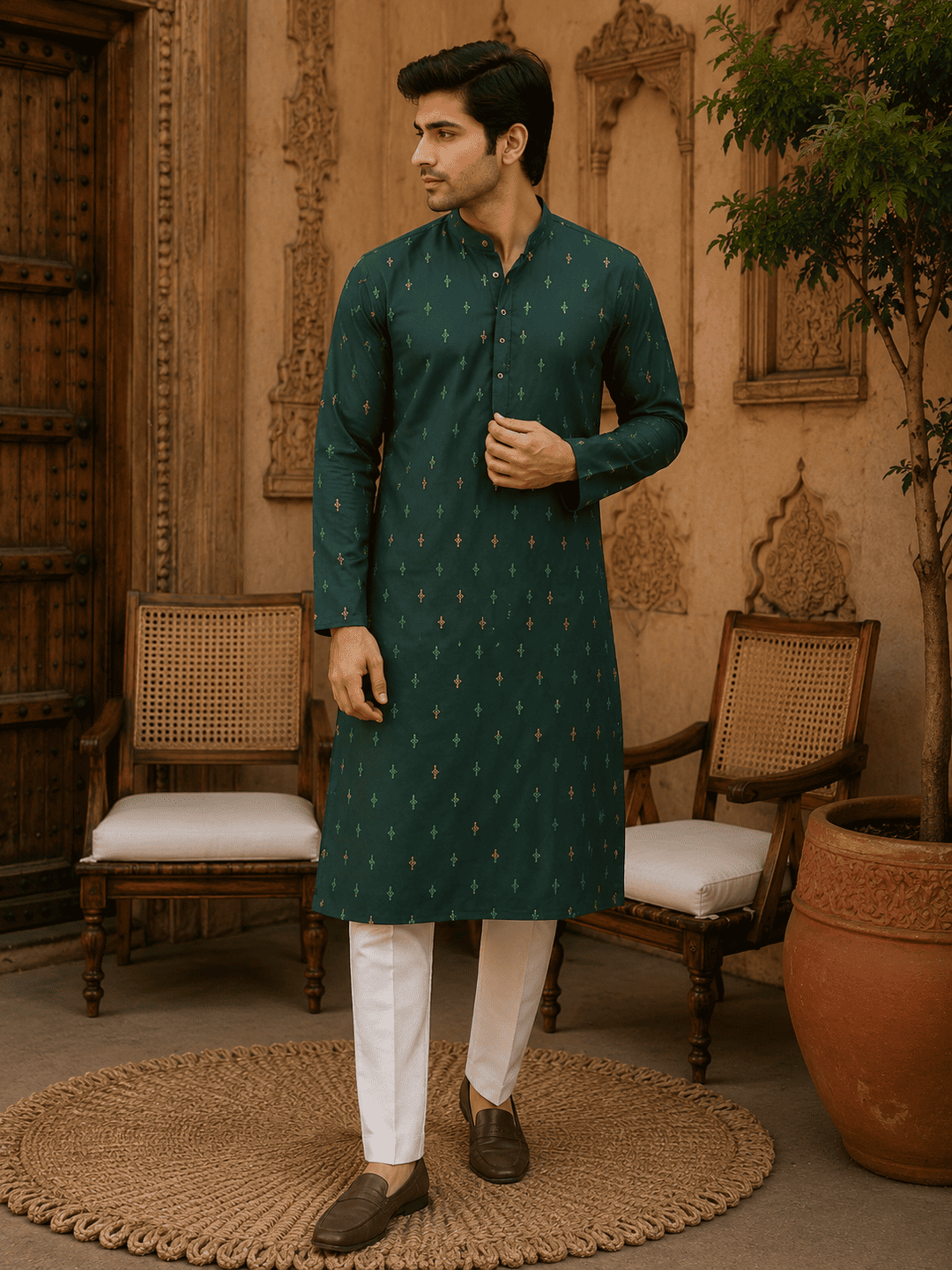 MULTI SHADES Green Ethnic Printed Kurta with Cream Churidar Set