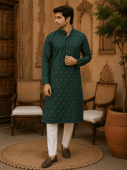 MULTI SHADES Green Ethnic Printed Kurta with Cream Churidar Set