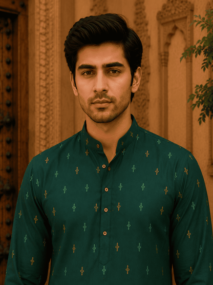 MULTI SHADES Green Ethnic Printed Kurta with Cream Churidar Set