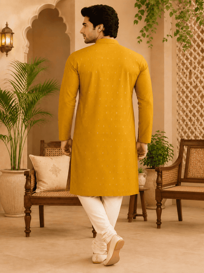 MULTI SHADES Yellow Ethnic Printed Kurta with Cream Churidar Set
