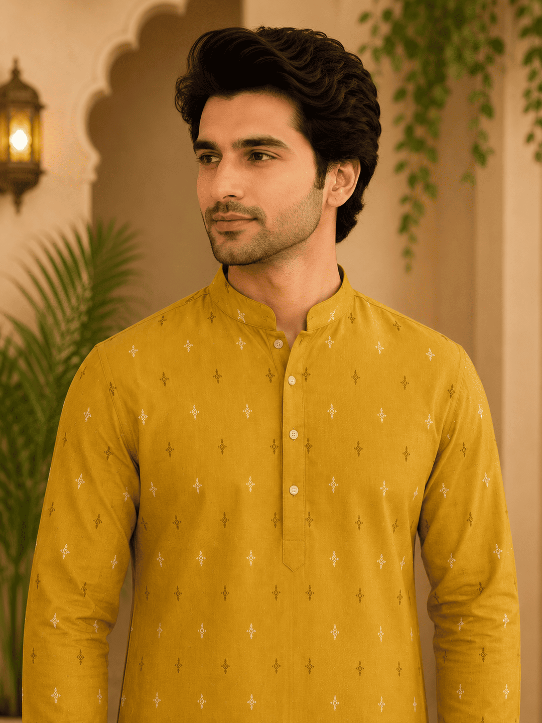 MULTI SHADES Yellow Ethnic Printed Kurta with Cream Churidar Set