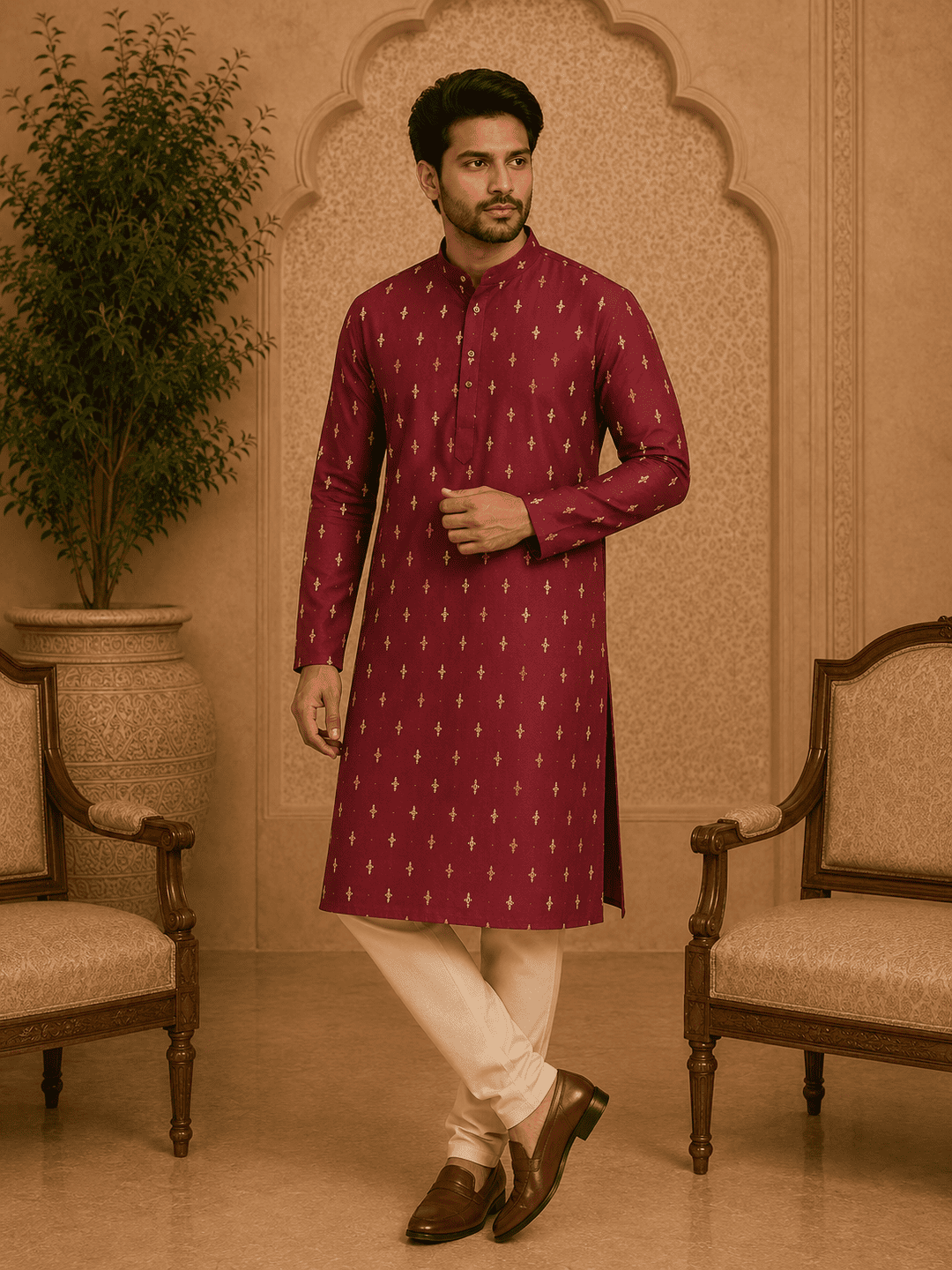 MULTI SHADES Maroon Ethnic Printed Kurta with Cream Churidar Set