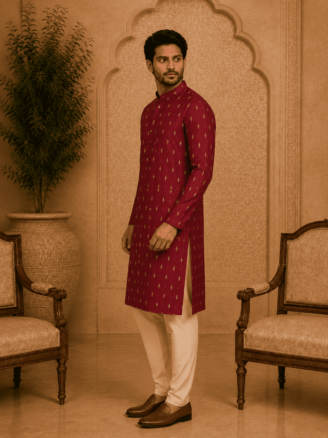 MULTI SHADES Maroon Ethnic Printed Kurta with Cream Churidar Set