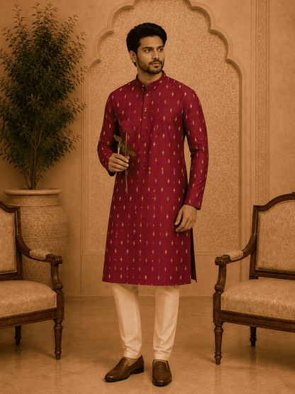 MULTI SHADES Maroon Ethnic Printed Kurta with Cream Churidar Set