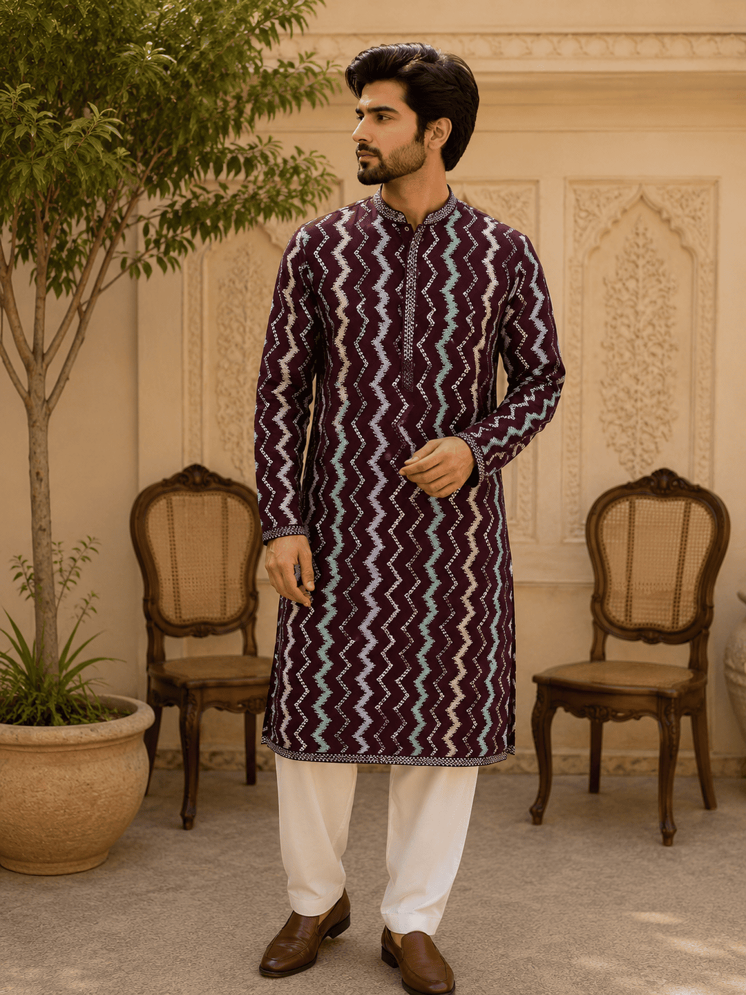 MULTI SHADES Royal Maroon Zigzag Printed Mens Kurta Set