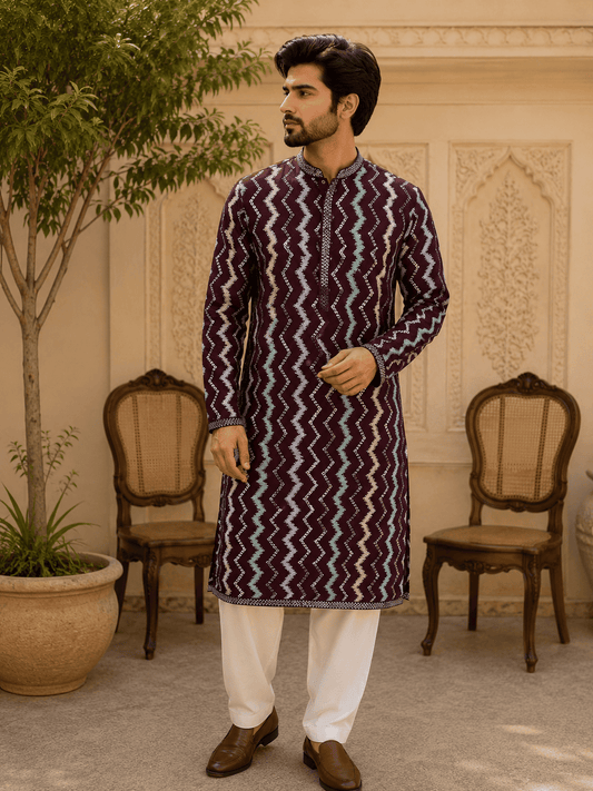 MULTI SHADES Royal Maroon Zigzag Printed Mens Kurta Set