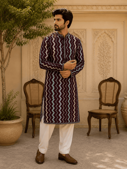 MULTI SHADES Royal Maroon Zigzag Printed Mens Kurta Set