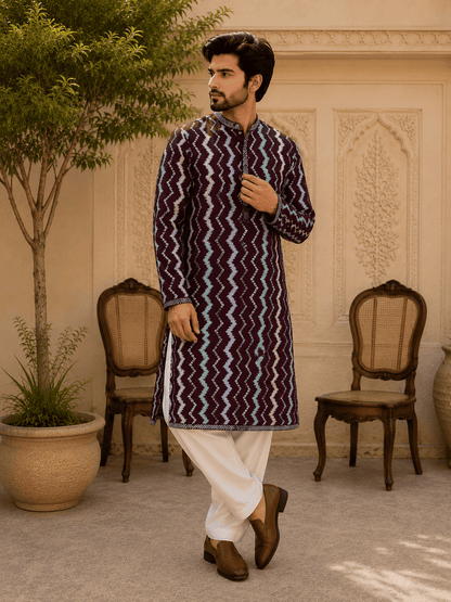 MULTI SHADES Royal Maroon Zigzag Printed Mens Kurta Set