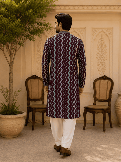 MULTI SHADES Royal Maroon Zigzag Printed Mens Kurta Set
