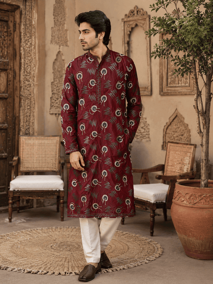 MULTI SHADES Regal Maroon Printed Mens Ethnic Kurta Set