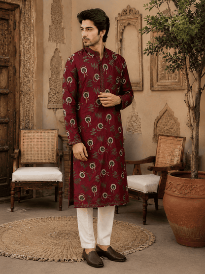 MULTI SHADES Regal Maroon Printed Mens Ethnic Kurta