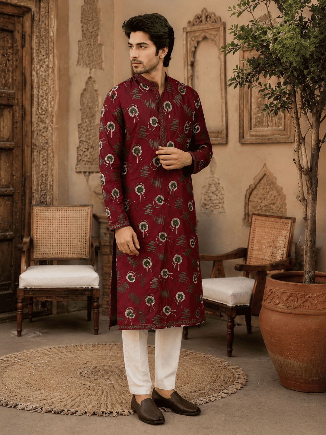 MULTI SHADES Regal Maroon Printed Mens Ethnic Kurta Set