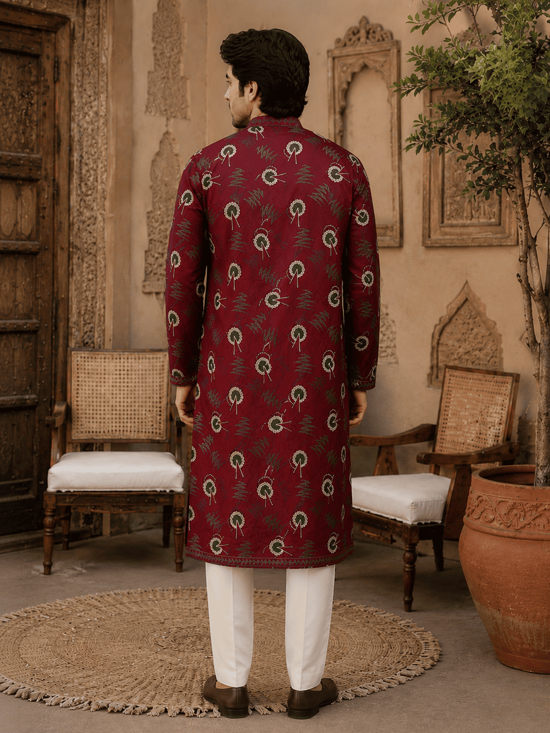 MULTI SHADES Regal Maroon Printed Mens Ethnic Kurta Set