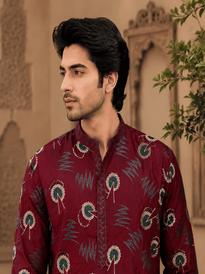 MULTI SHADES Regal Maroon Printed Mens Ethnic Kurta