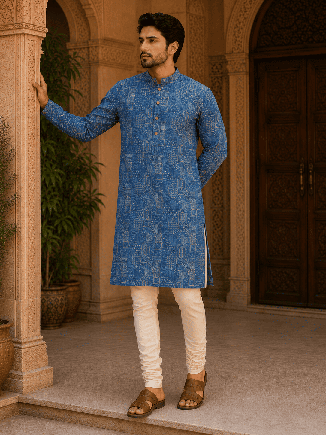MULTI SHADES Royal Blue Printed Mens Ethnic Kurta Set