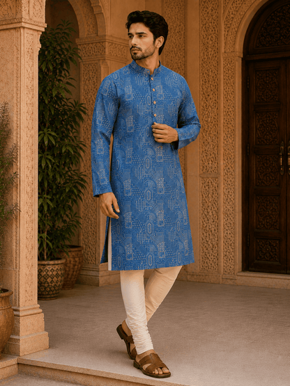 MULTI SHADES Royal Blue Printed Mens Ethnic Kurta Set