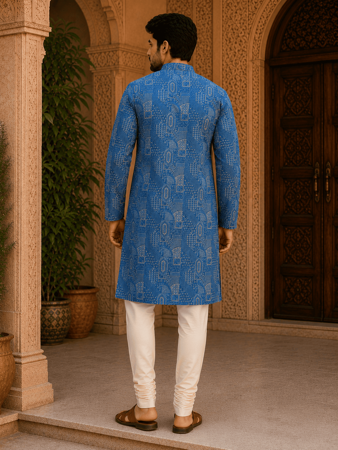 MULTI SHADES Royal Blue Printed Mens Ethnic Kurta Set