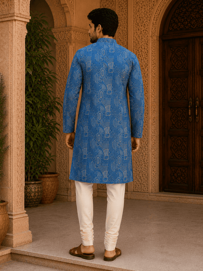 MULTI SHADES Royal Blue Printed Mens Ethnic Kurta Set