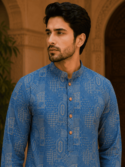 MULTI SHADES Royal Blue Printed Mens Ethnic Kurta