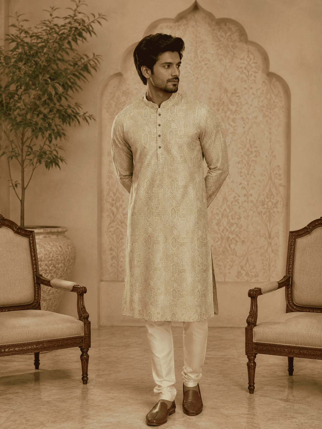 MULTI SHADES Elegant Pastel Gold Printed Mens Kurta