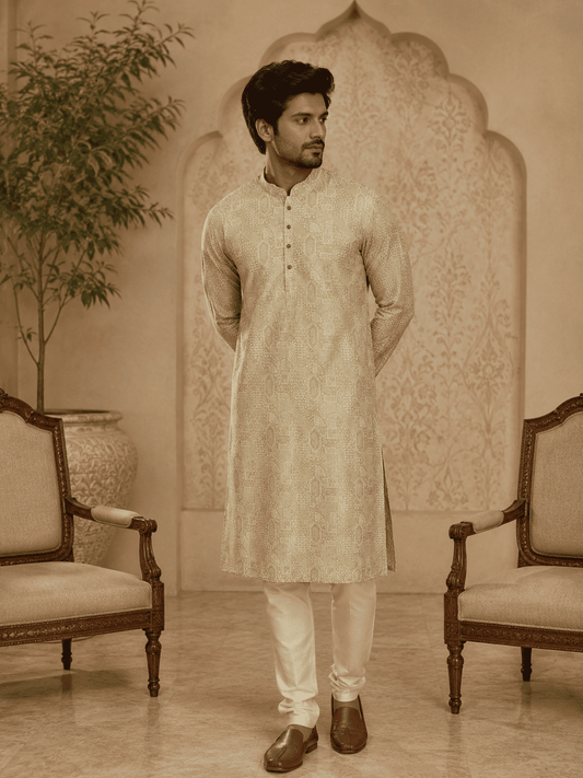 MULTI SHADES Elegant Pastel Gold Printed Mens Kurta