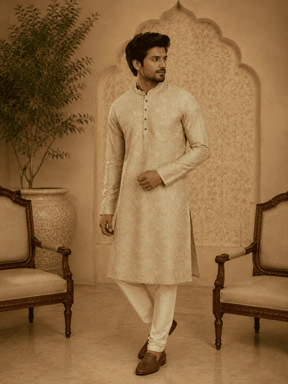 MULTI SHADES Elegant Pastel Gold Printed Mens Kurta
