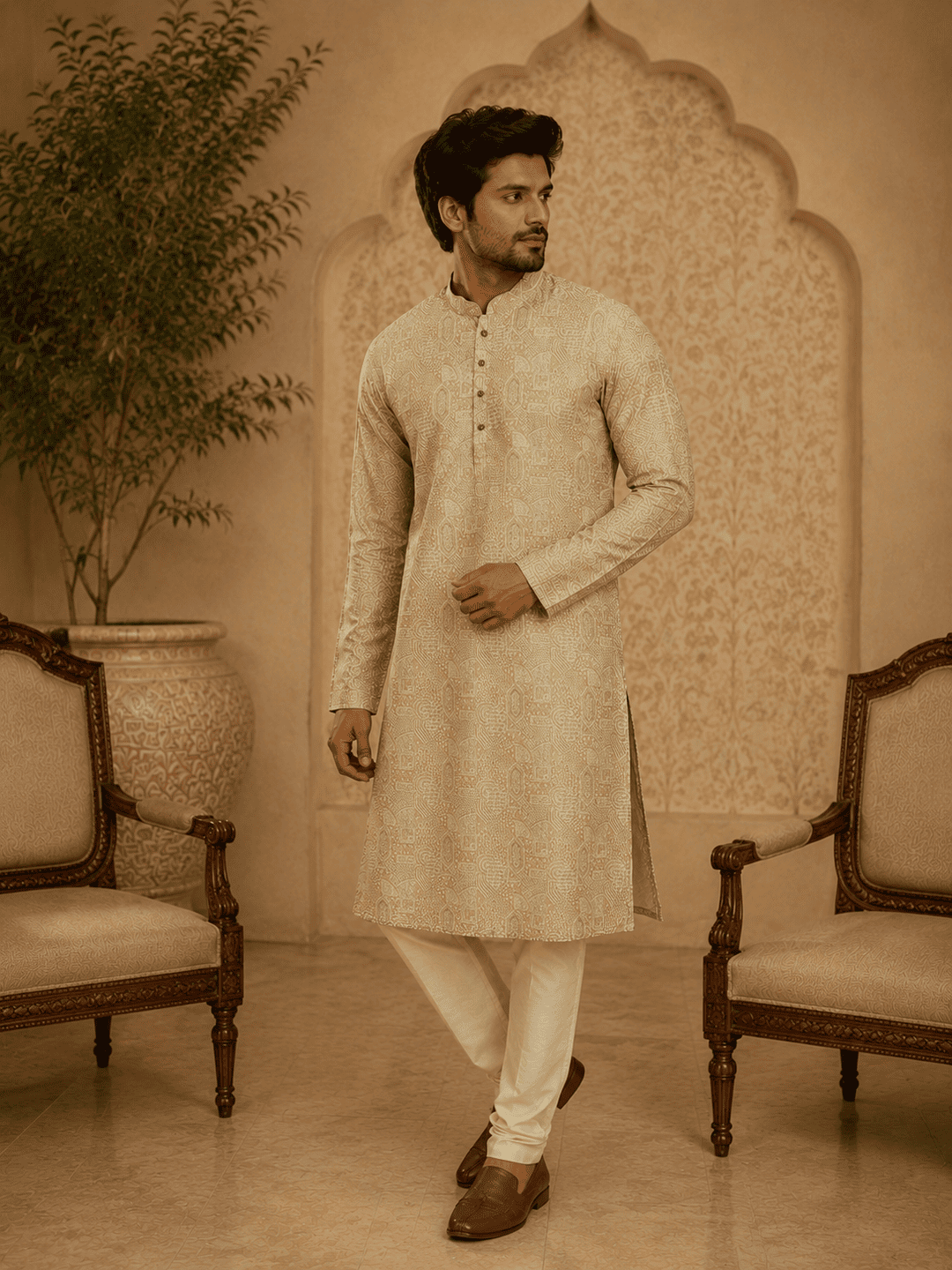 MULTI SHADES Elegant Pastel Gold Elegant Pastel Gold Self-Textured Mens Kurta Set Mens Kurta Set