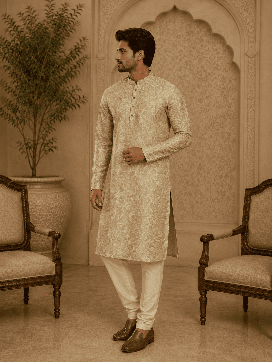 MULTI SHADES Elegant Pastel Gold Elegant Pastel Gold Self-Textured Mens Kurta Set Mens Kurta Set